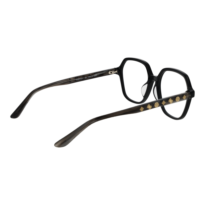 Unisex black geometric plastic eyeglasses with gold symbols on temples, modern angular frame visible from front