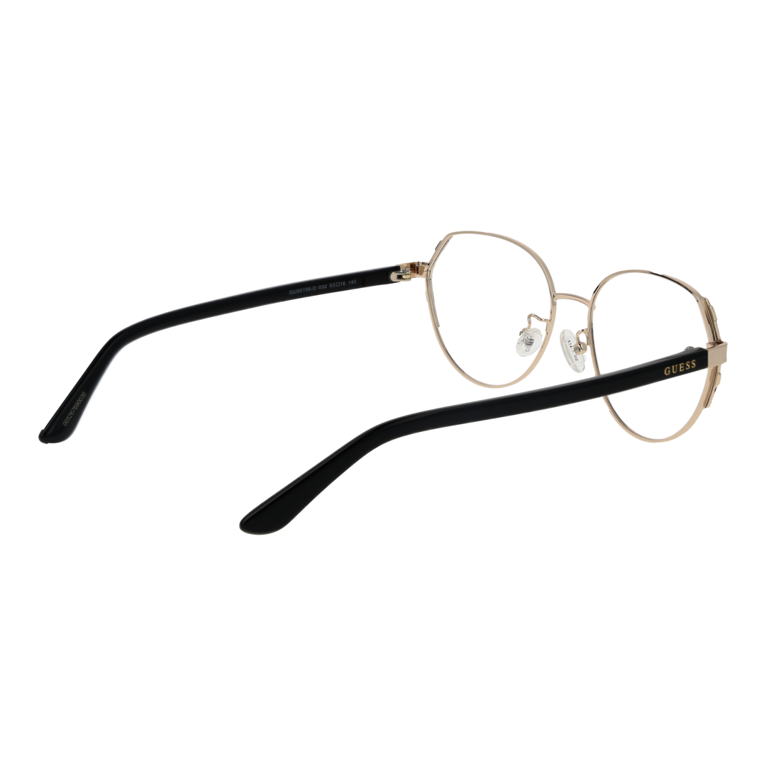 Gold thin metal round eyeglasses with black plastic temple tips on neutral background, front view