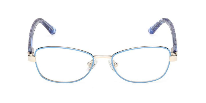 Blue semi-rimless eyeglasses with rectangular lenses and silver bridge, patterned blue plastic temple arms.
