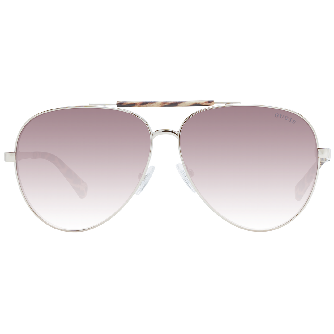 Silver aviator sunglasses with purple gradient lenses and tortoiseshell top bar and temple tips on white background