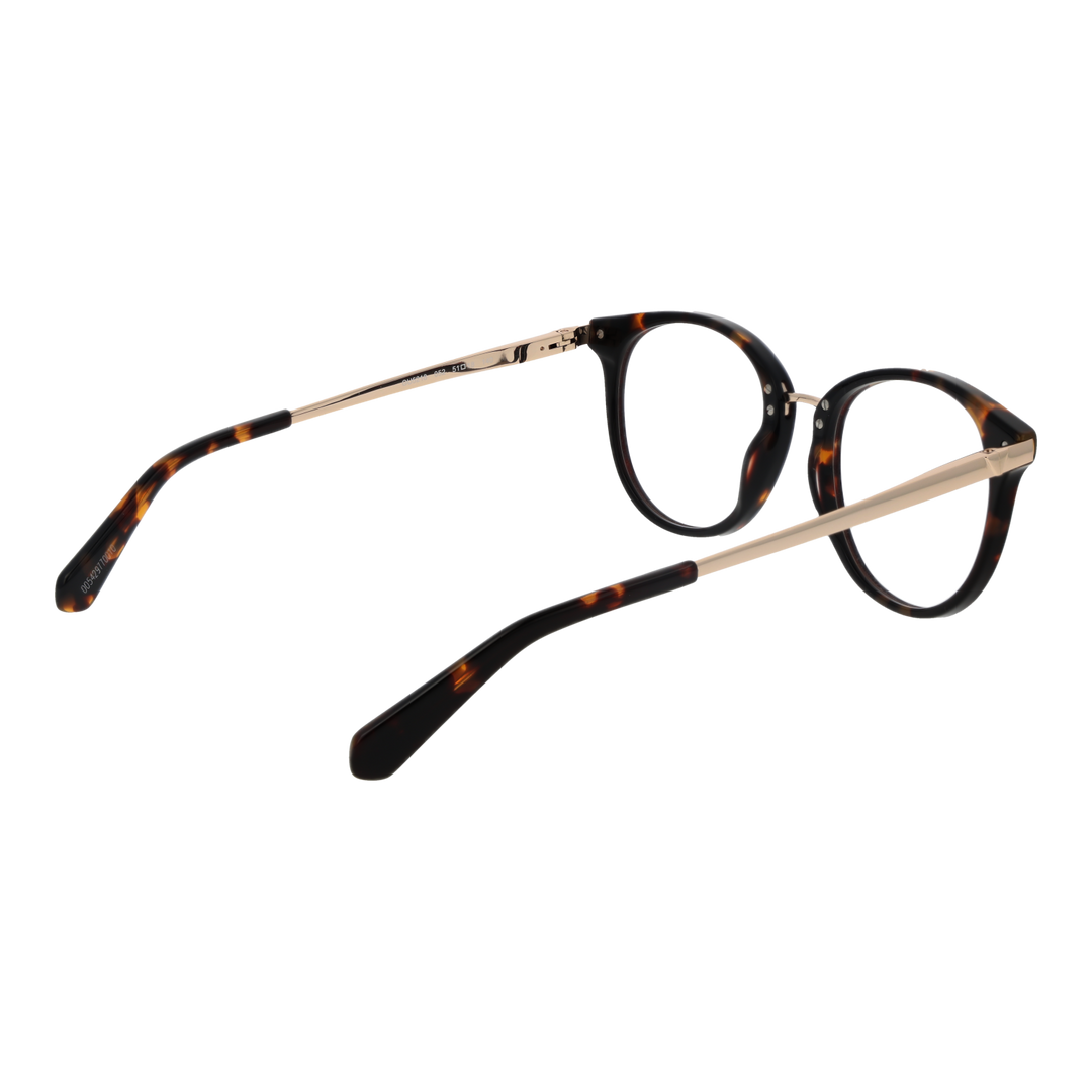 Unisex tortoise shell round eyeglasses with gold metal temples and plastic frame front on white background