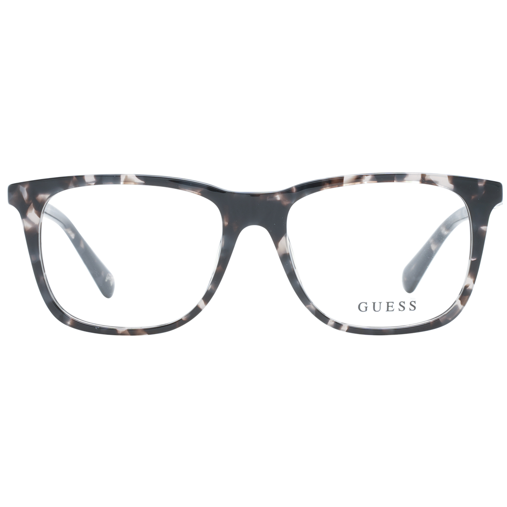 Unisex tortoiseshell full-rim rectangular eyeglasses in black, grey and white pattern with visible logo on temple
