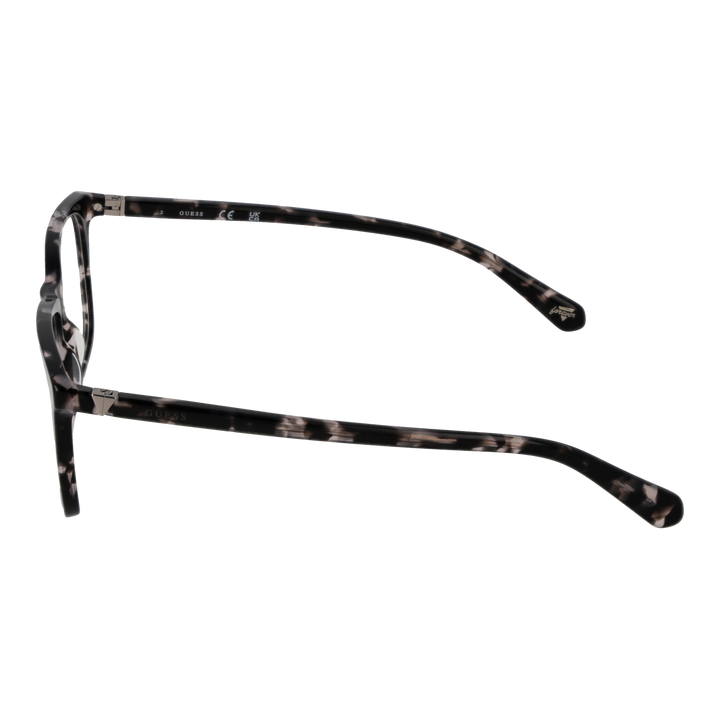 Black and white tortoiseshell full-rim rectangular eyeglasses with metal triangle temple detail, front three-quarter view