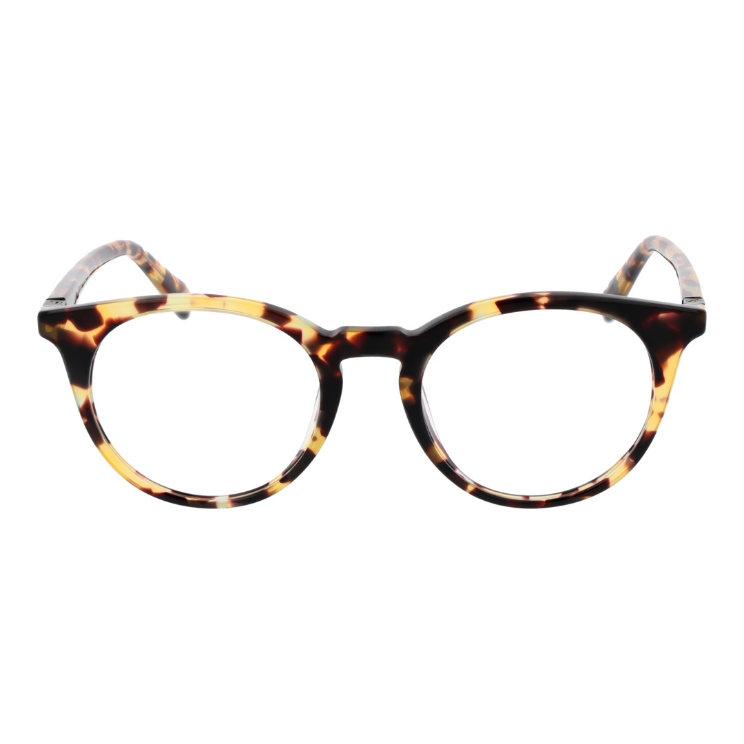 Tortoise shell patterned full-rim round eyeglasses for Women with patterned arms on white background