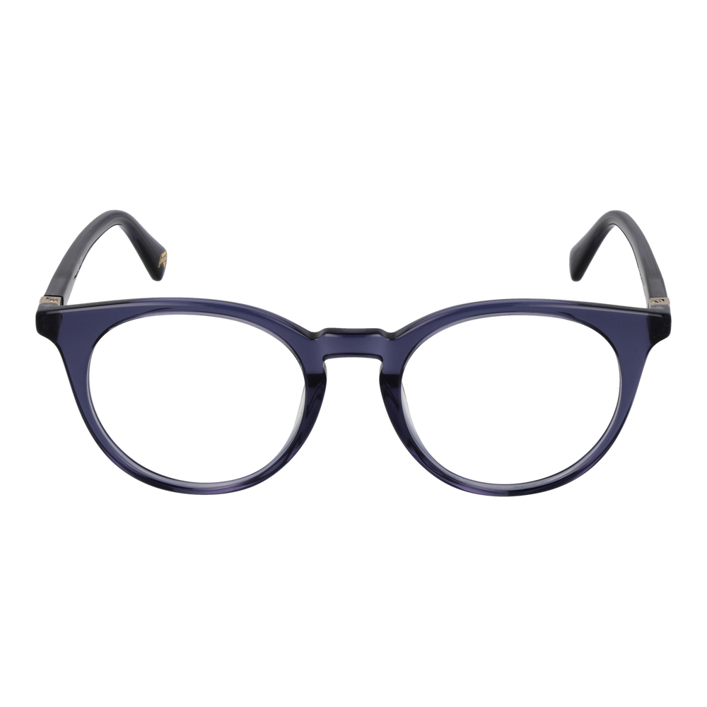 Transparent dark-blue round eyeglasses with metallic temple accents, plastic frame, modern Women’s optical style