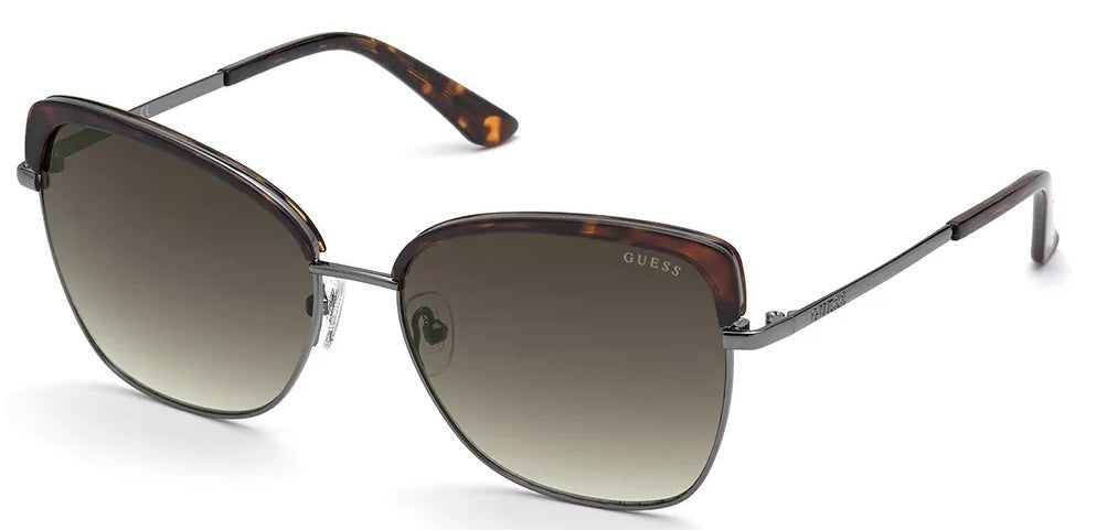 Tortoise shell square sunglasses with gradient brown lenses and metal temples, front three-quarter view
