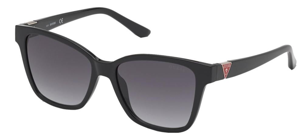 Black rectangular sunglasses with gradient lenses, GUESS logo on temples, red-accented leather case and cleaning cloth