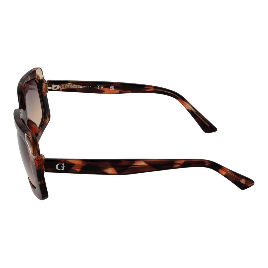 Tortoise brown rectangular sunglasses with gradient lenses and metallic corner accents, Guess logo on temple and lens