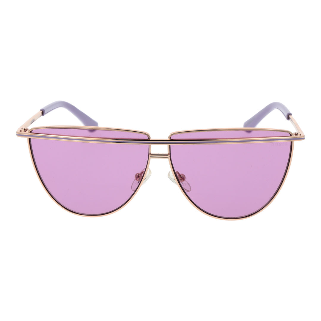 Purple and gold metal aviator sunglasses with double bridge and gradient lenses on white background