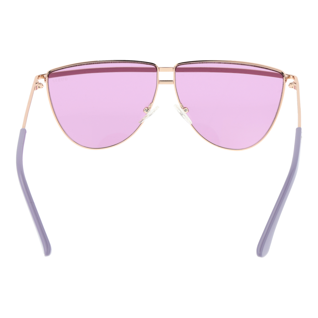 Purple and gold metal aviator sunglasses with double bridge and gradient lenses on white background