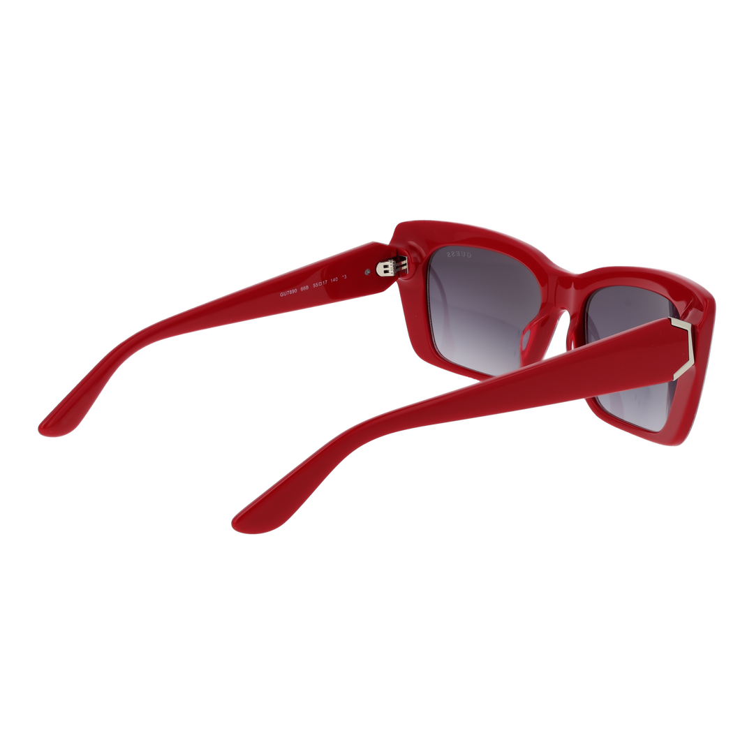 Red patterned square sunglasses in plastic with gradient lenses on neutral background, modern Women’s style