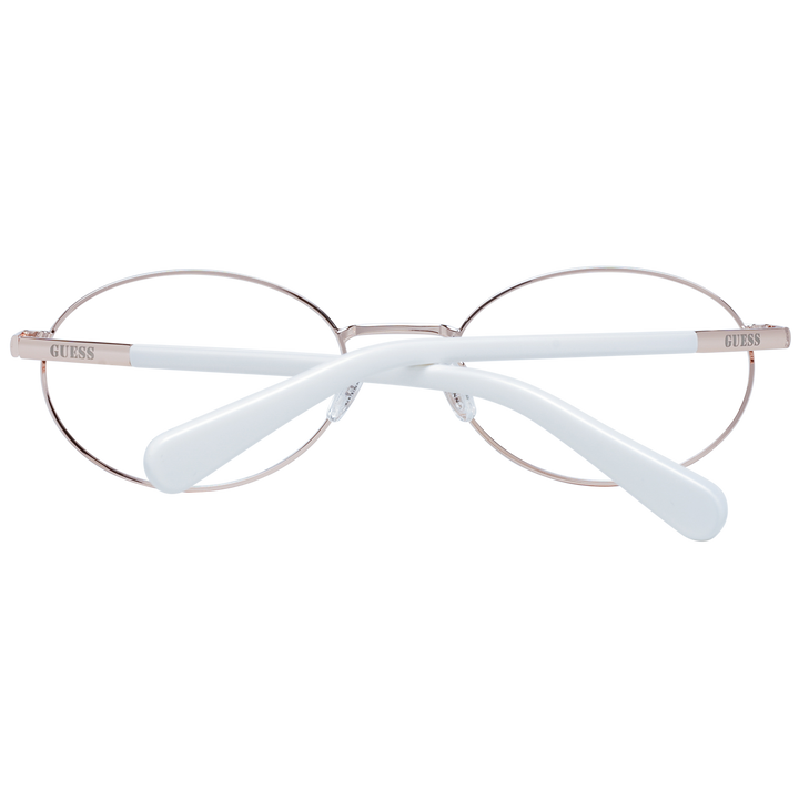 White and rose-gold oval eyeglasses on white background, thin metal frame and nose pads, minimalist design