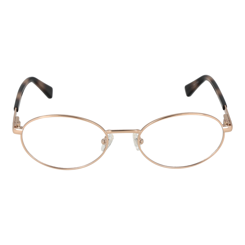 Unisex rose gold thin metal oval eyeglasses with black-brown gradient temple tips, adjustable nose pads