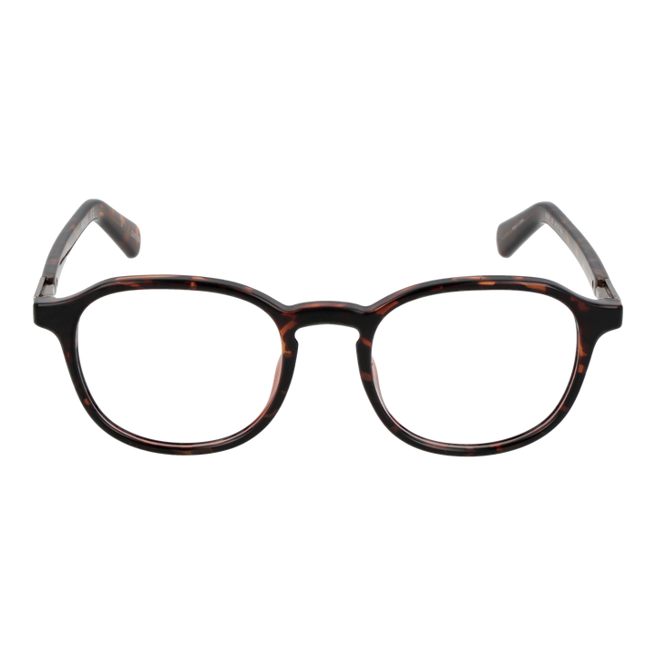 Unisex tortoise shell round eyeglasses in brown-black pattern with metal hinge details on temple