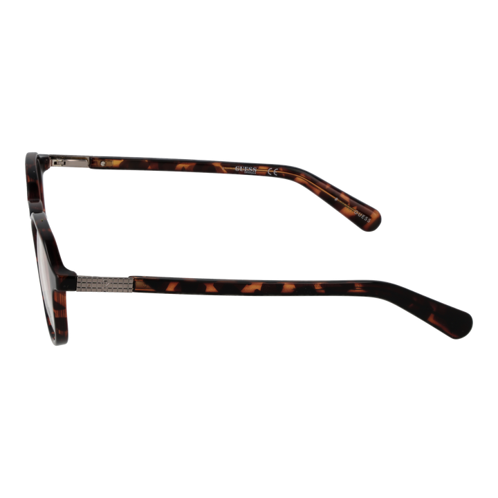 Unisex tortoise shell round eyeglasses in brown-black pattern with metal hinge details on temple