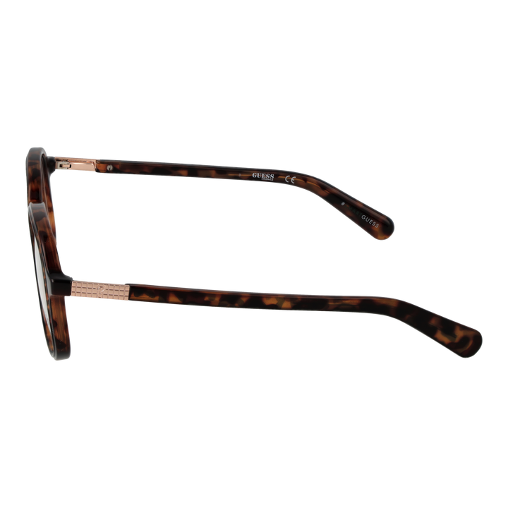 Unisex tortoise brown round eyeglasses with patterned temples and metallic accents, plastic frame frontal view