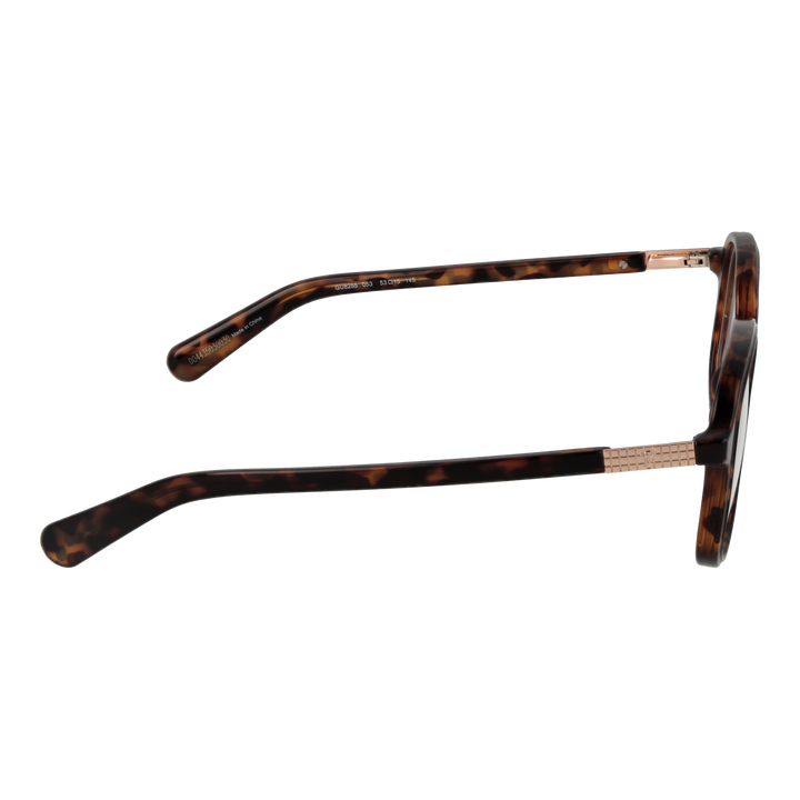 Unisex tortoise brown round eyeglasses with patterned temples and metallic accents, plastic frame frontal view