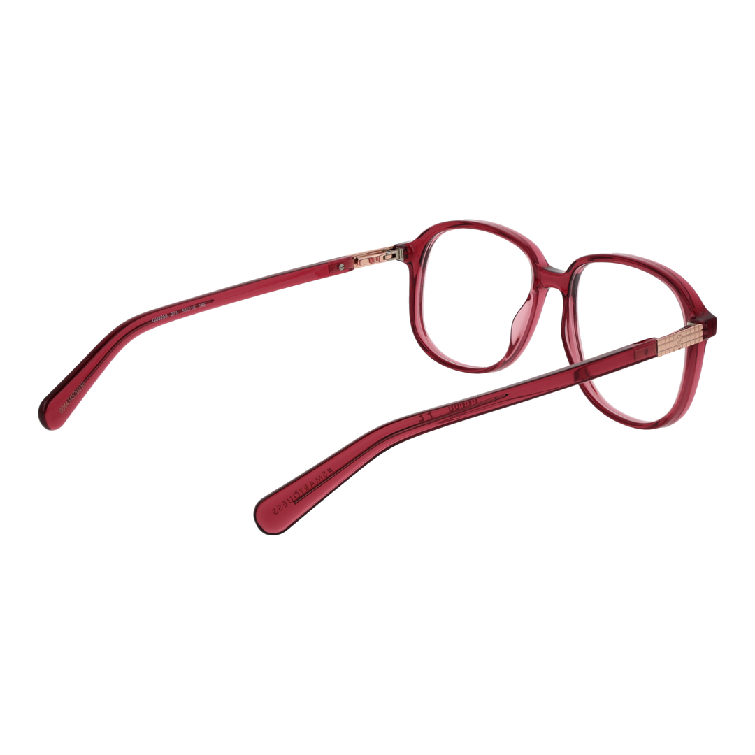Dark red plastic square eyeglasses with transparent edges and gold hinge detail on temple