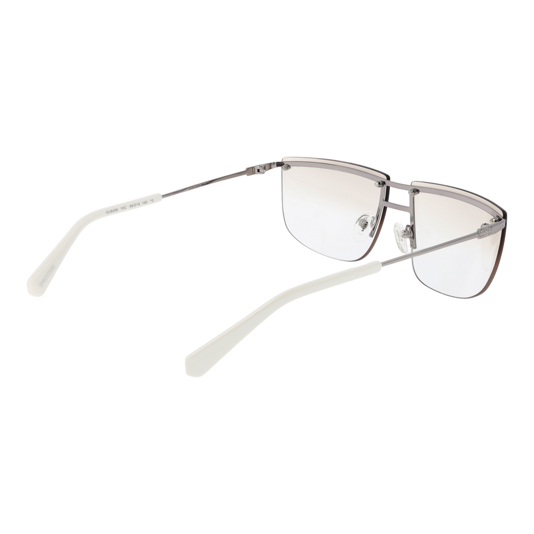 Unisex silver rimless eyeglasses with thin metal temples and adjustable nose pads on white background