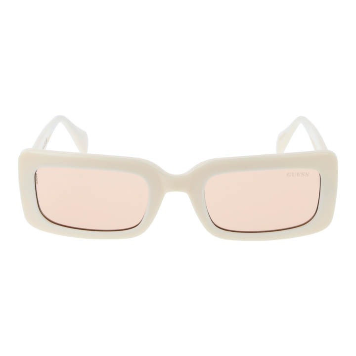 Cream chunky rectangular sunglasses with pink tinted lenses, GUESS logo on lens and red heart on temple