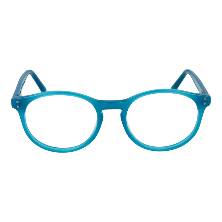 Unisex blue plastic round eyeglasses with small metal rivets near the hinges on a neutral background