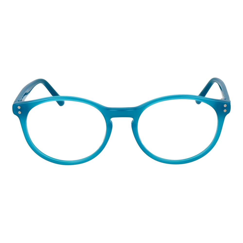 Unisex blue round plastic eyeglasses with two silver hinge dots, clear lenses, classic silhouette