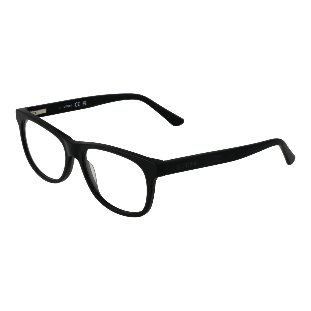 Unisex black full-rim rectangular eyeglasses in plastic on white background showing front and temple
