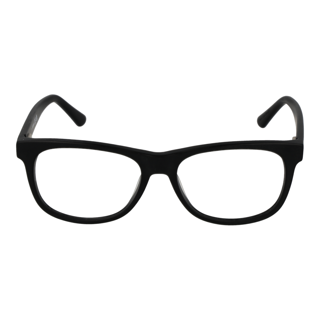 Unisex black full-rim rectangular eyeglasses in plastic on white background showing front and temple