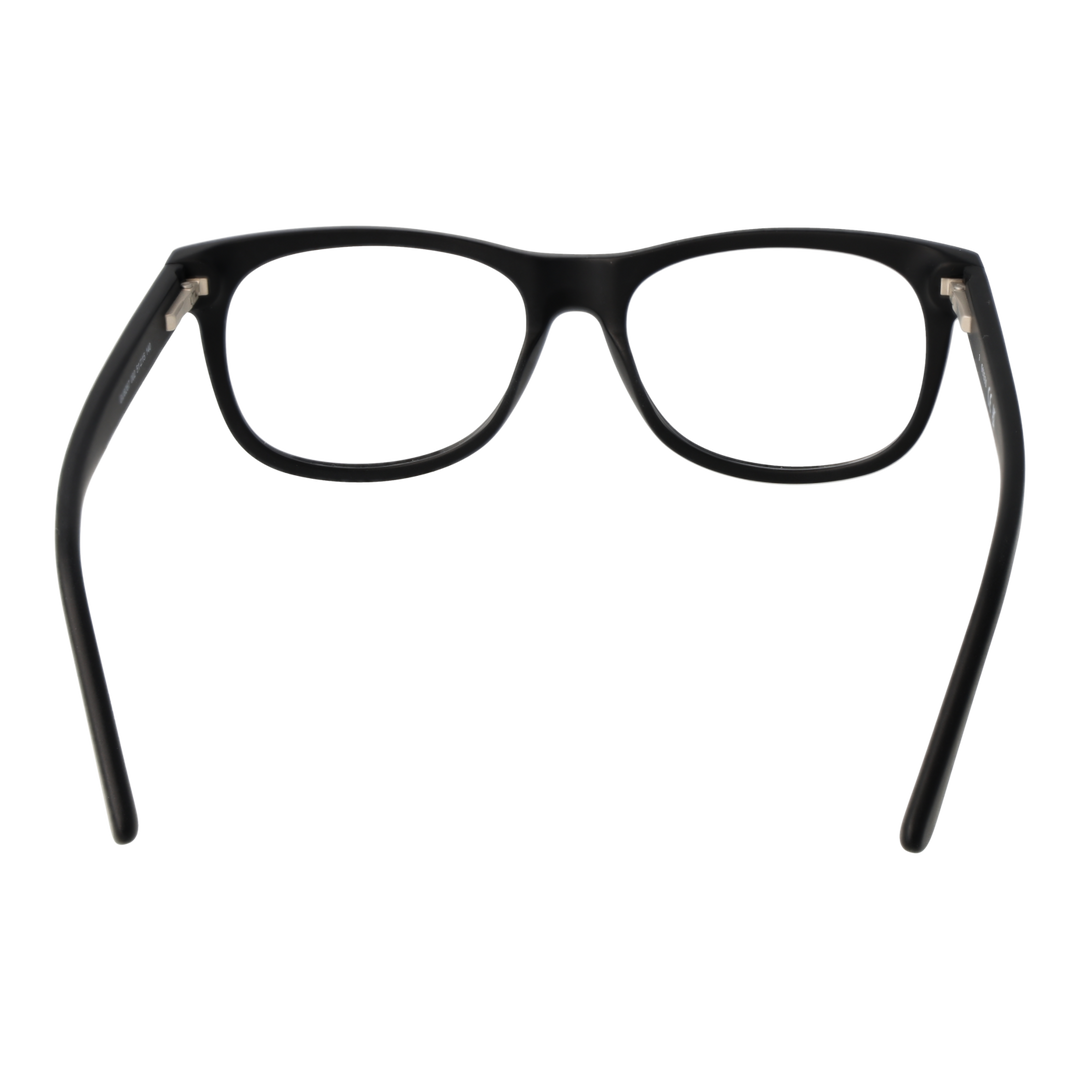 Unisex black full-rim rectangular eyeglasses in plastic on white background showing front and temple