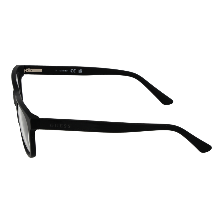 Unisex black full-rim rectangular eyeglasses in plastic on white background showing front and temple