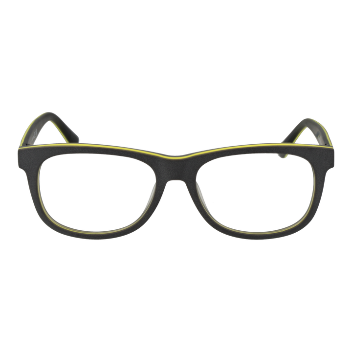 Black full-rim rectangular eyeglasses with yellow temple accents and branded logo, Unisex modern plastic frame