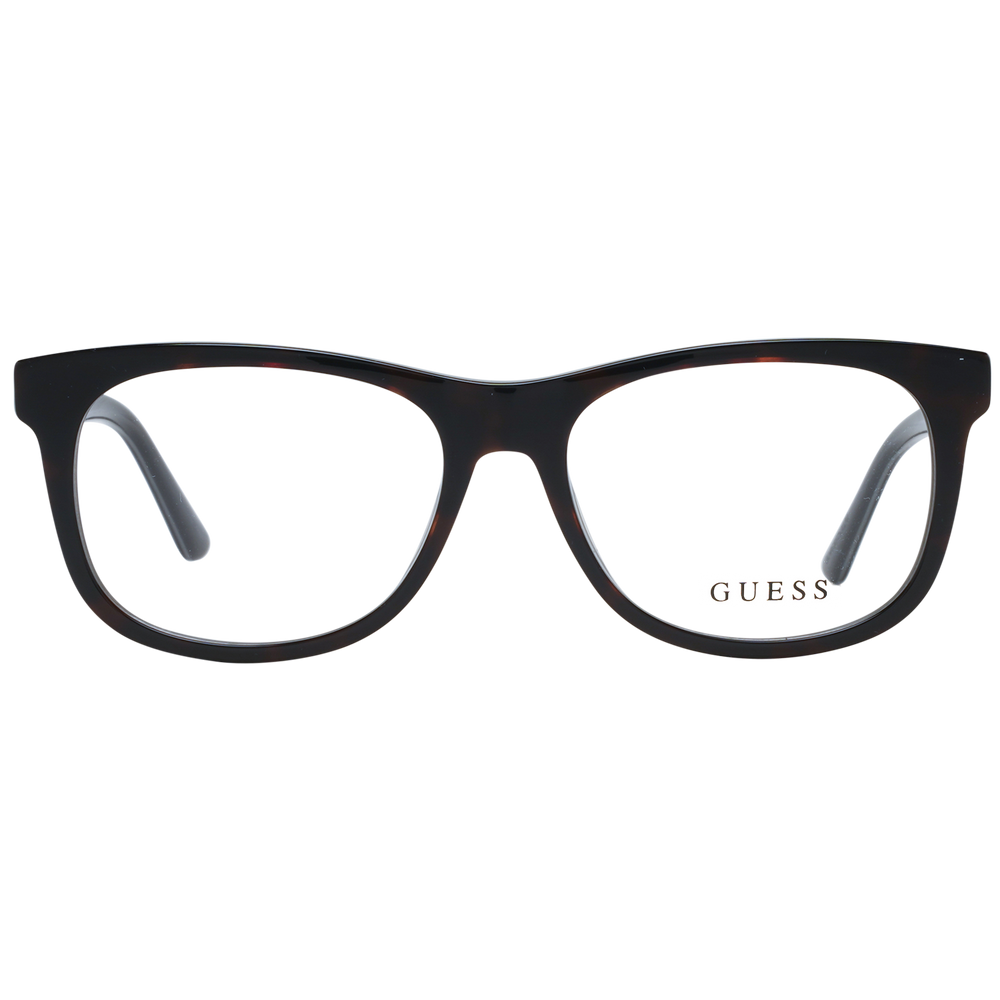 Guess Unisex dark tortoiseshell full-rim rectangular eyeglasses shown front and three-quarter angle highlighting branded temples