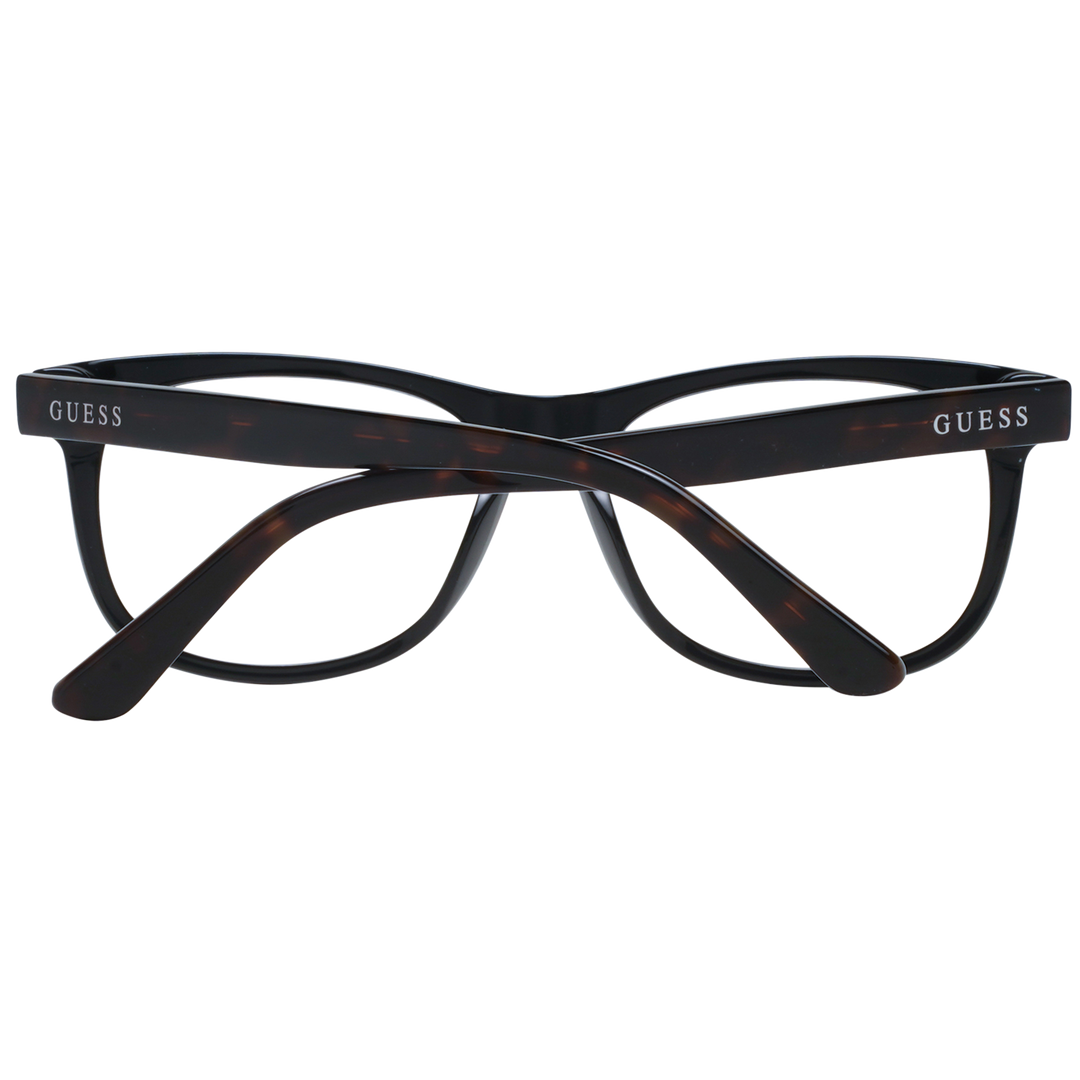Guess Unisex dark tortoiseshell full-rim rectangular eyeglasses shown front and three-quarter angle highlighting branded temples