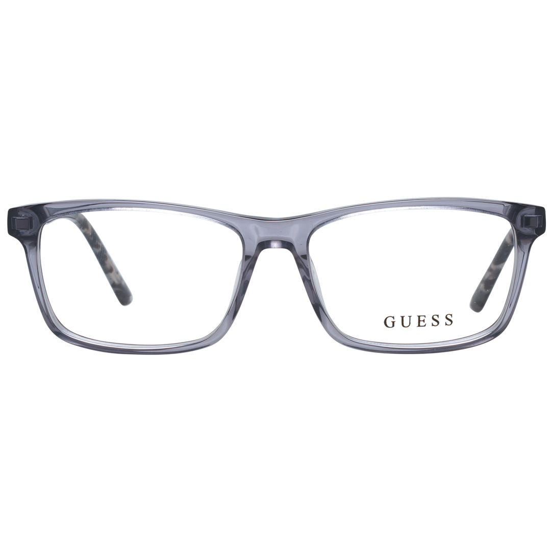 Unisex transparent rectangular eyeglasses with gray front and tortoiseshell patterned arms on neutral background