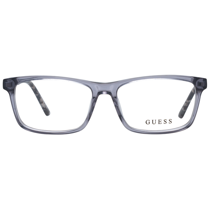Unisex transparent rectangular eyeglasses with gray front and tortoiseshell patterned arms on neutral background