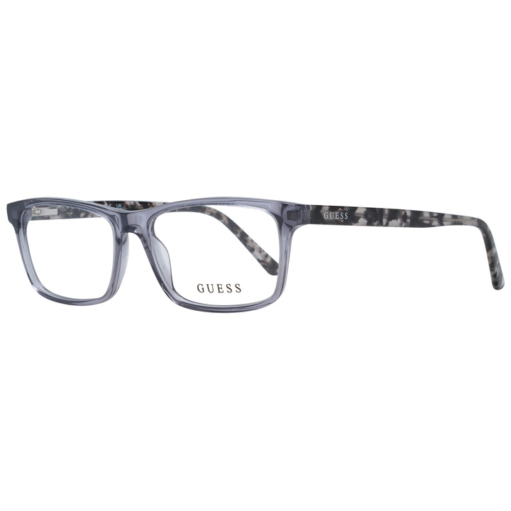 Unisex transparent rectangular eyeglasses with gray front and tortoiseshell patterned arms on neutral background