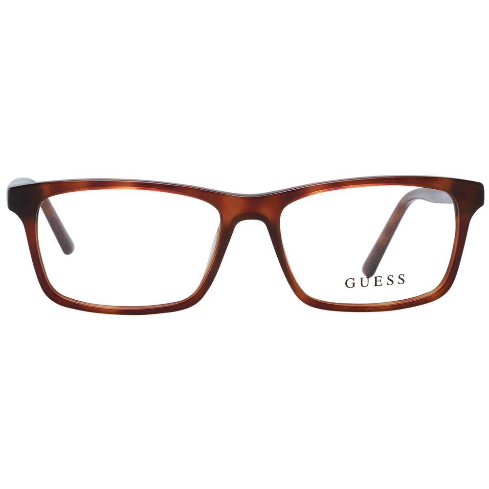 Unisex brown tortoiseshell full-rim rectangular eyeglasses in plastic with transparent lenses on neutral background