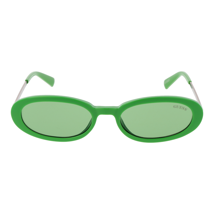 Green oval sunglasses with plastic frame and metal arms, Guess logo on lens and temples