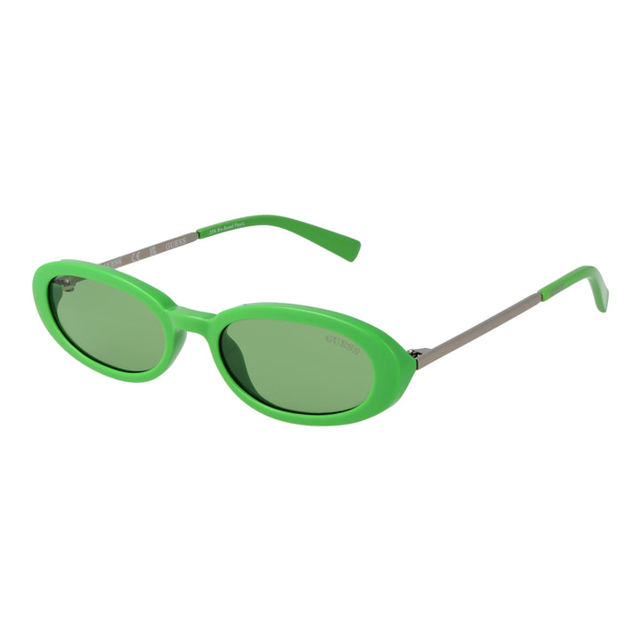 Green oval sunglasses with plastic frame and metal arms, Guess logo on lens and temples