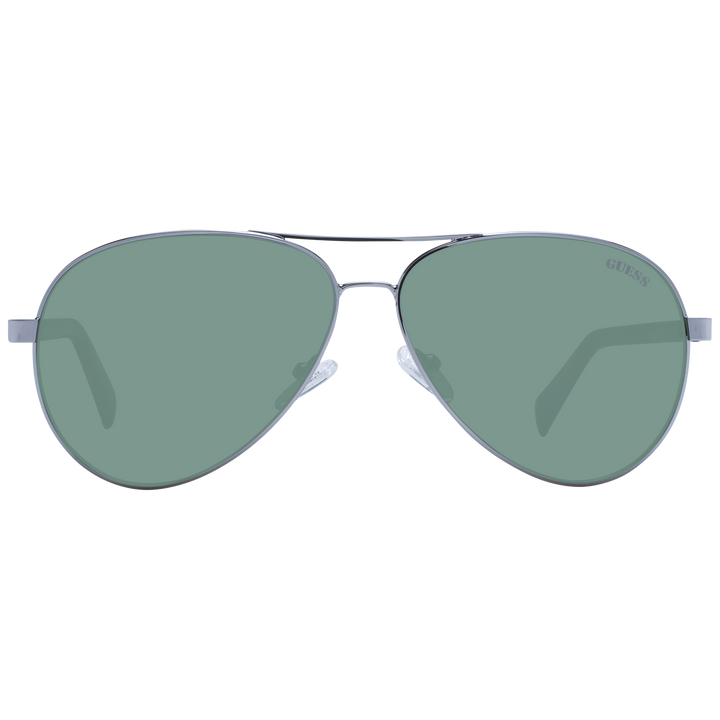 Unisex silver aviator sunglasses with green lenses and tortoiseshell plastic arms on white background