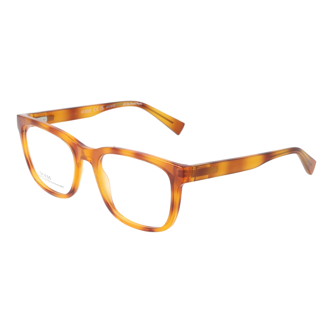 Unisex transparent tortoise square eyeglasses in plastic with modern square lenses on neutral background