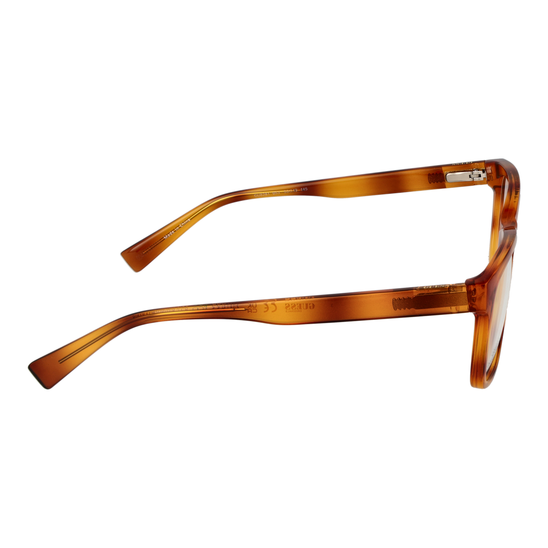Unisex transparent tortoise square eyeglasses in plastic with modern square lenses on neutral background