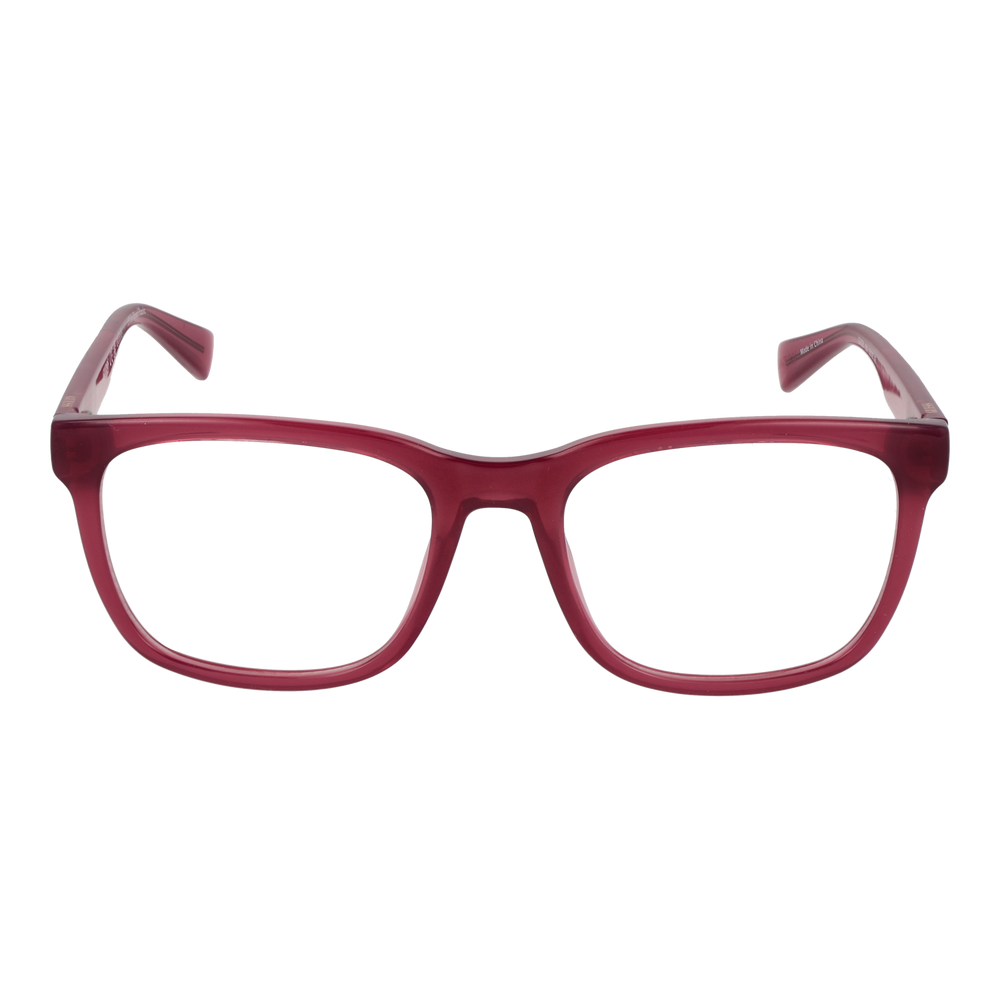 Red plastic full-rim rectangular eyeglasses on neutral background, modern frame for Women