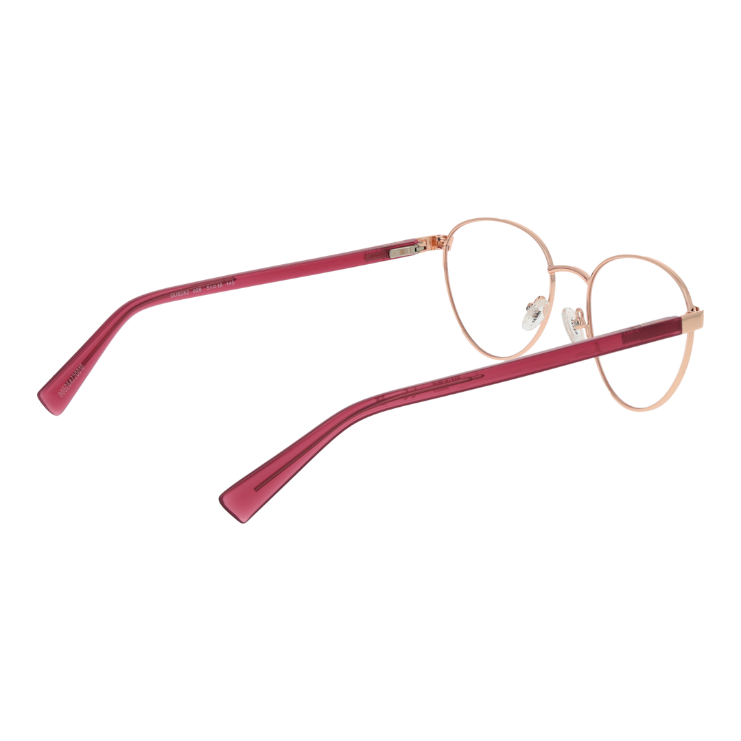Rose gold thin metal round eyeglasses with burgundy temple tips, adjustable nose pads, minimalist design
