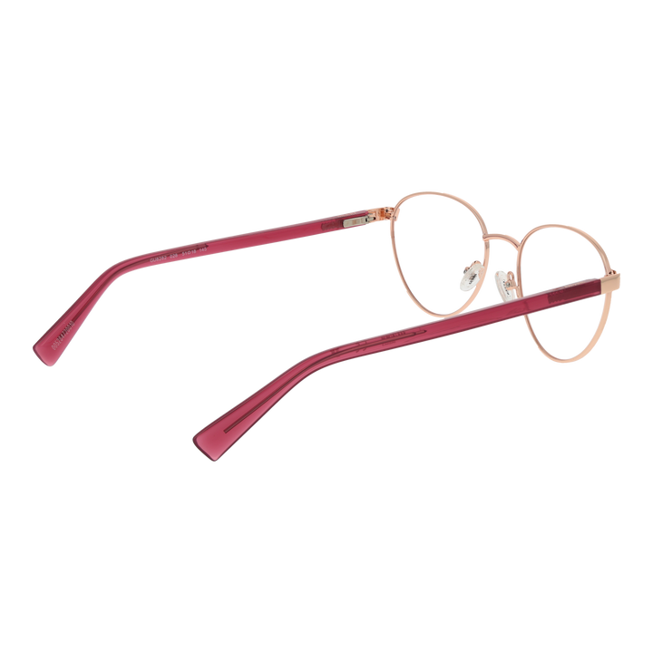 Rose gold thin metal round eyeglasses with burgundy temple tips, adjustable nose pads, minimalist design