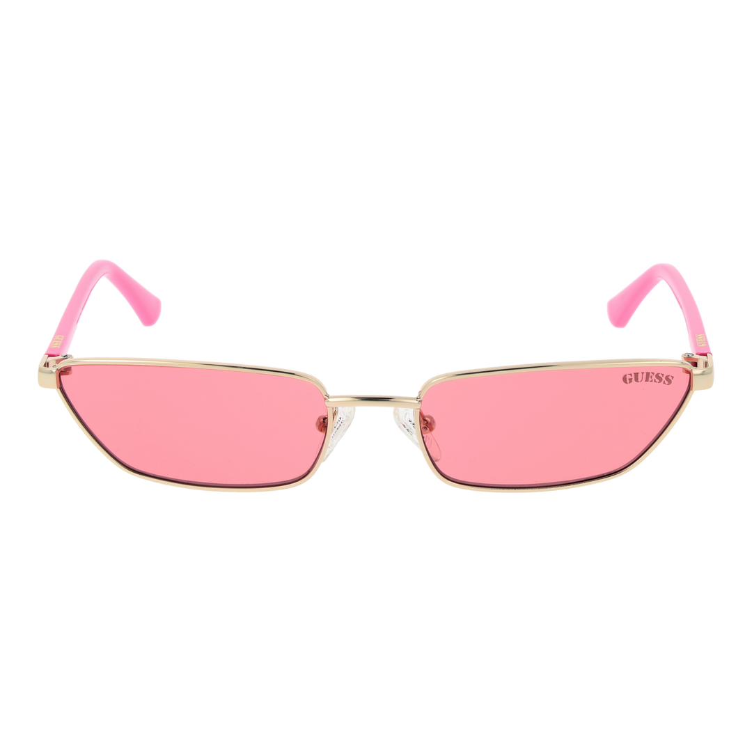 Gold thin metal rectangular sunglasses with pink lenses, adjustable nose pads, and plastic temple tips on neutral background