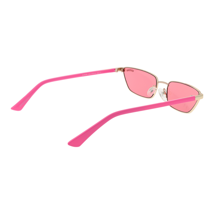 Gold thin metal rectangular sunglasses with pink lenses, adjustable nose pads, and plastic temple tips on neutral background