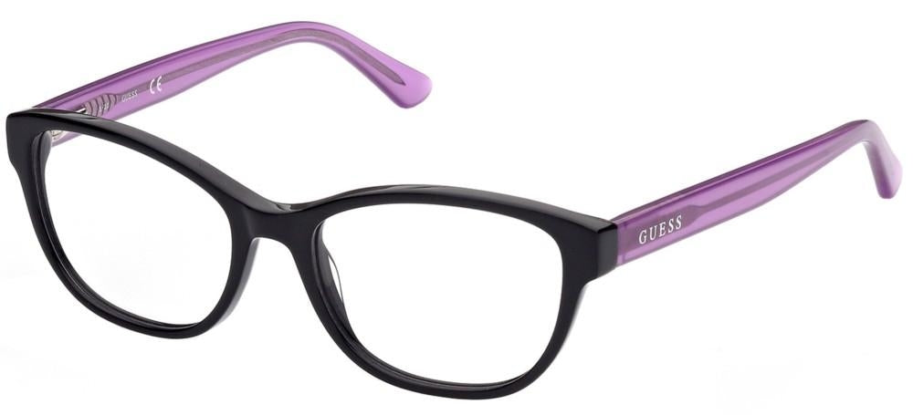 Black, purple, and red two-tone cat-eye eyeglasses with clear lenses, faux-leather case and cleaning cloth