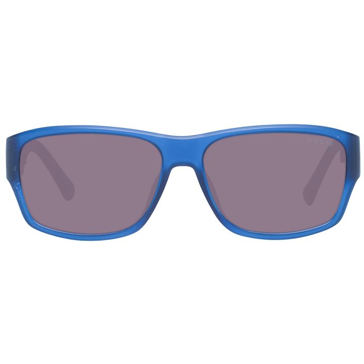 Blue and yellow rectangular sunglasses in plastic frame, side temple logo visible, casual styling