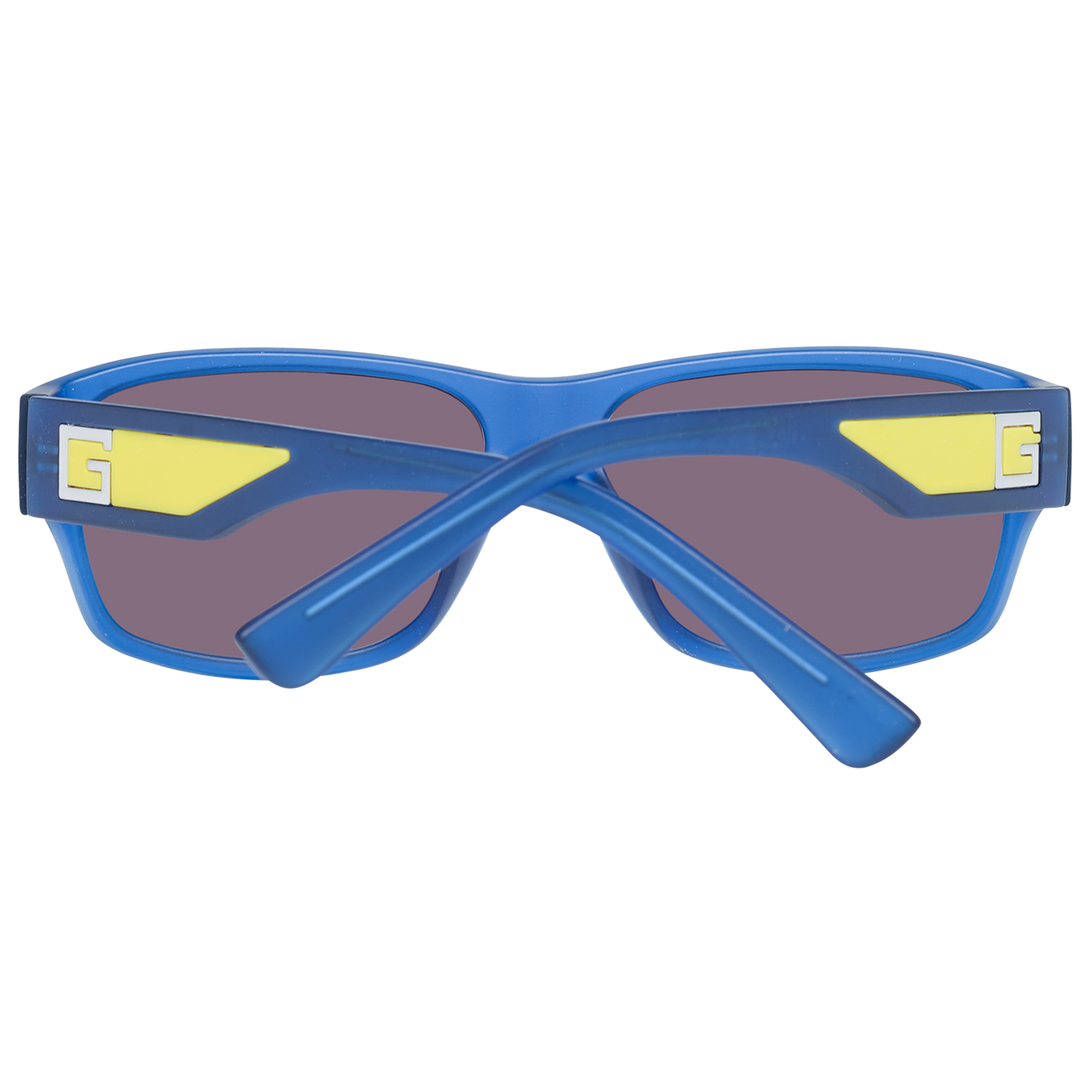 Blue and yellow rectangular sunglasses in plastic frame, side temple logo visible, casual styling